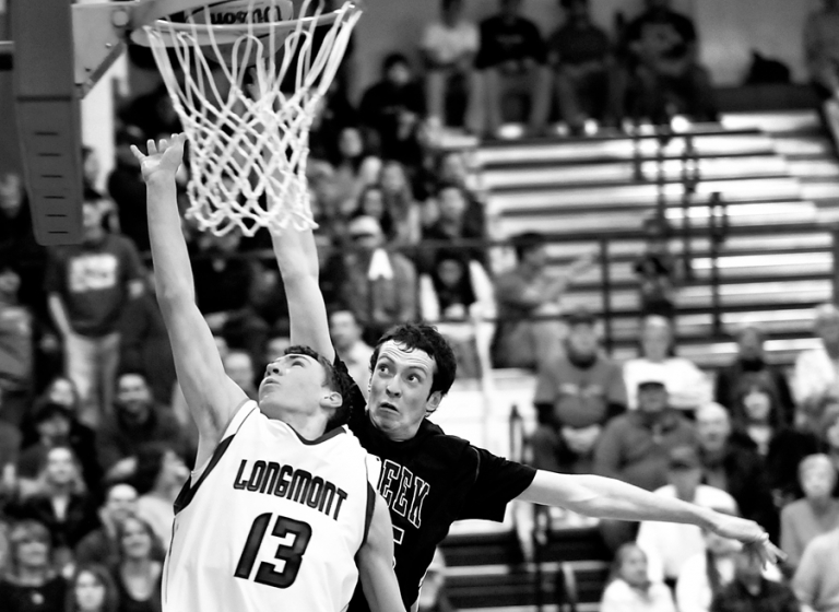 Longmont verses Silver Creek boys basketball, black and white sports photography.