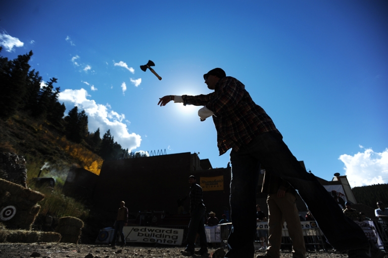 Axe throwing competition at the annual Man of the Cliff festival in Red Cliff Colorado. 