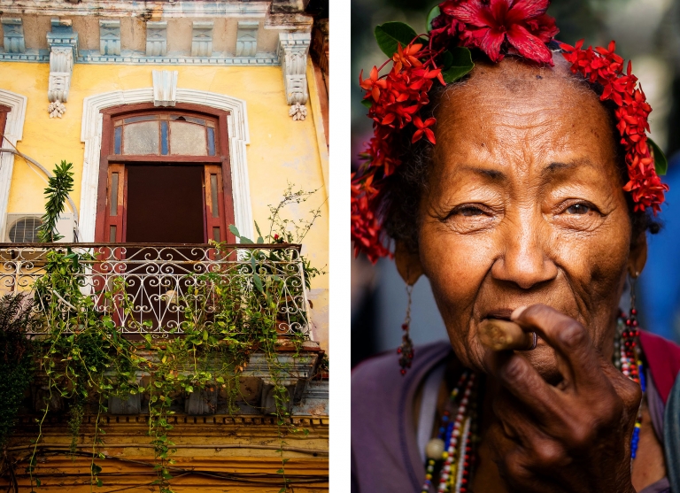 Portrait of woman with flowers in her hair in old town Havana Cuba travel photography.
